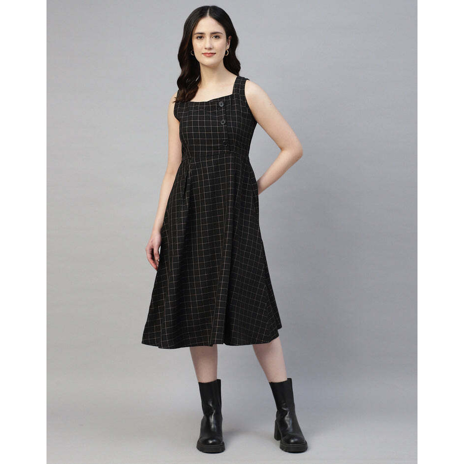 Black Buttoned Plaid Pinafore Dress