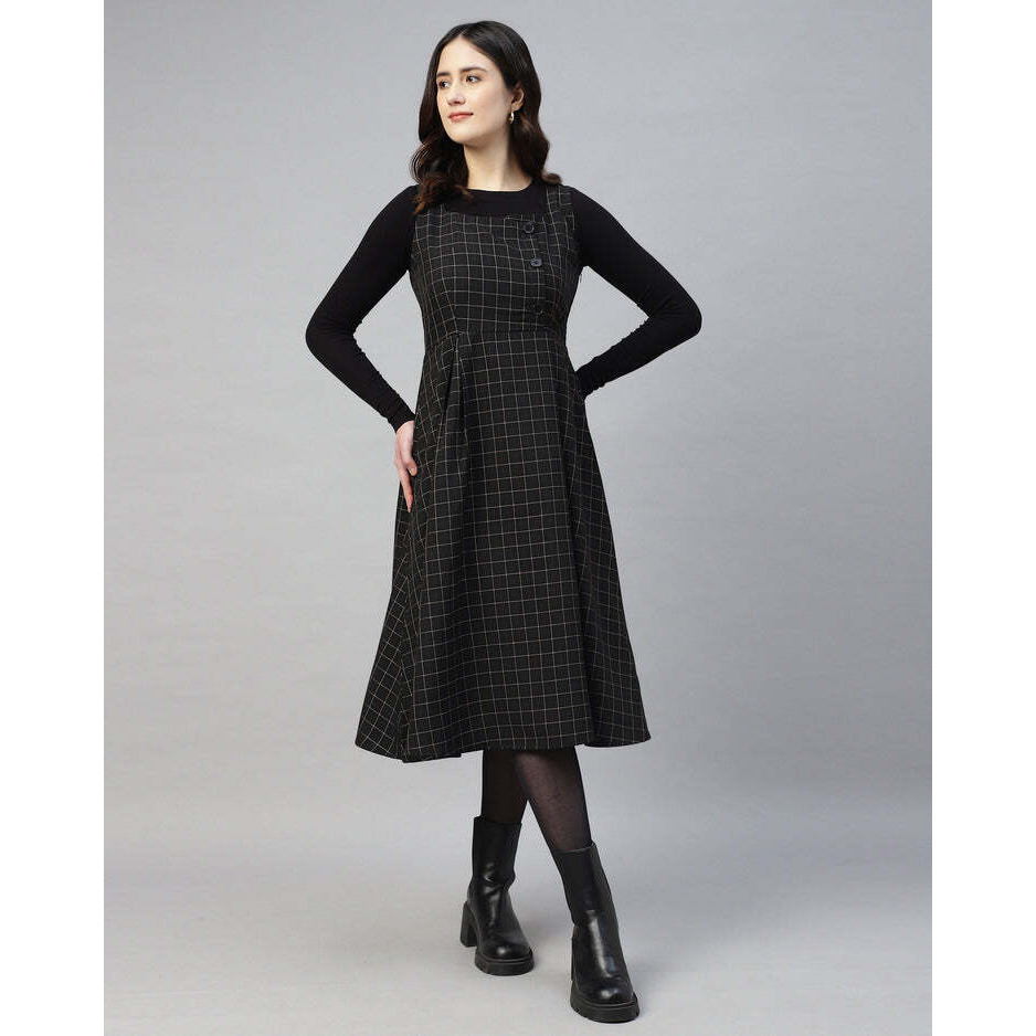 Black Buttoned Plaid Pinafore Dress