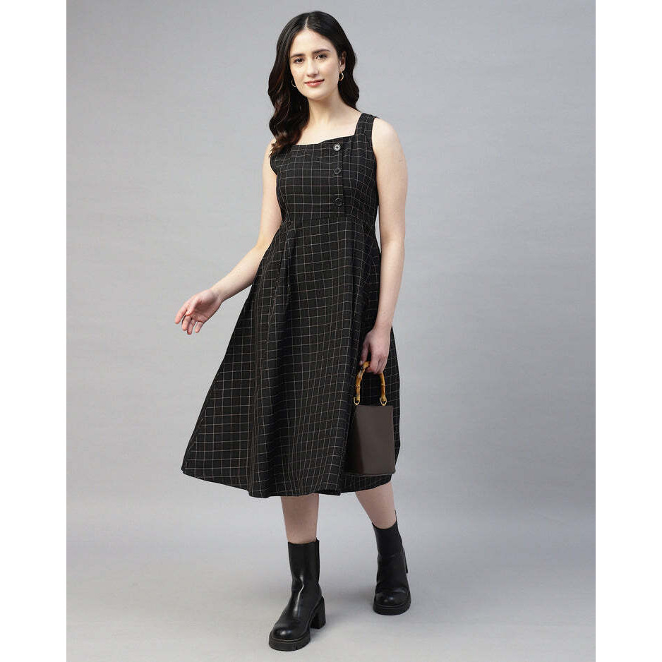 Black Buttoned Plaid Pinafore Dress