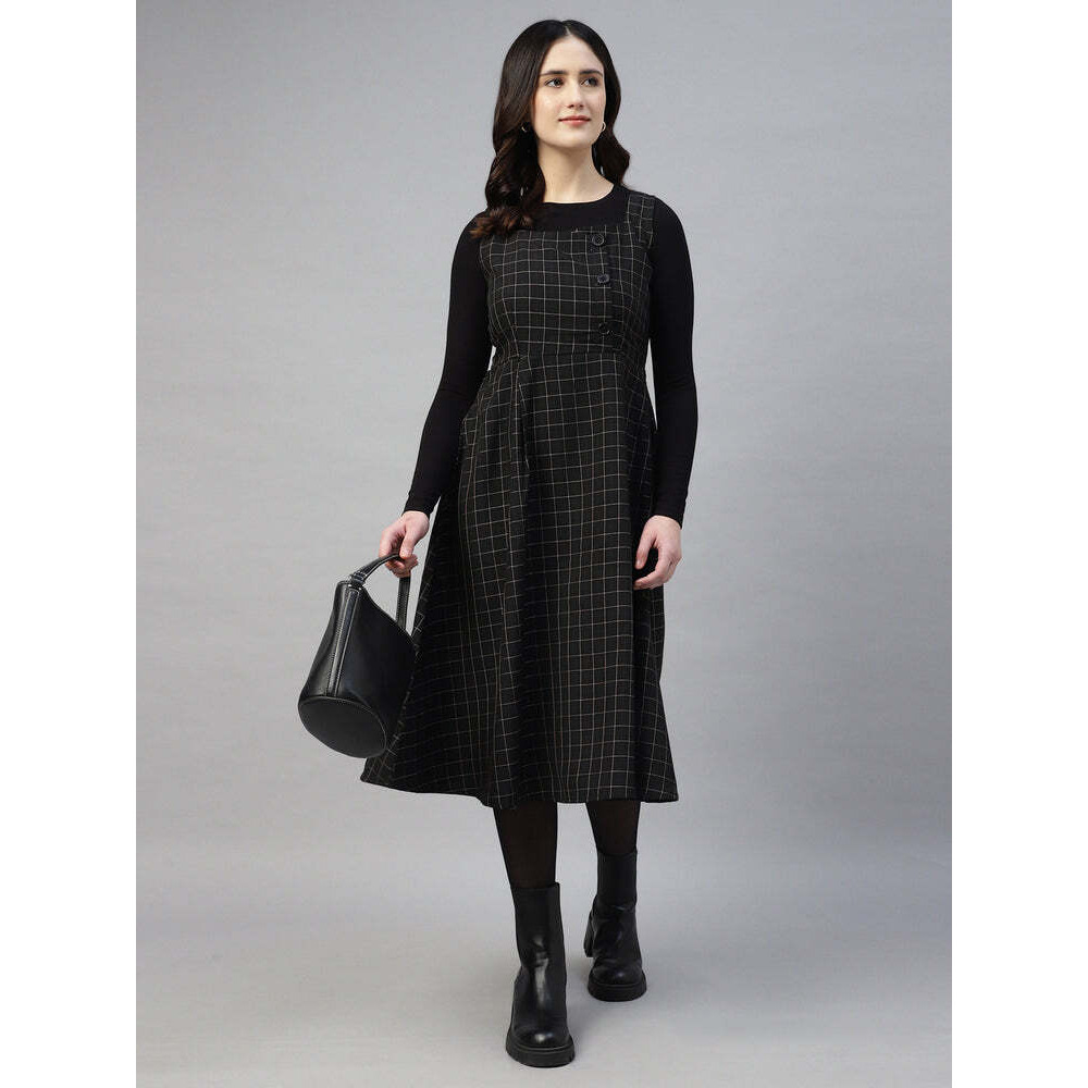 Black Buttoned Plaid Pinafore Dress
