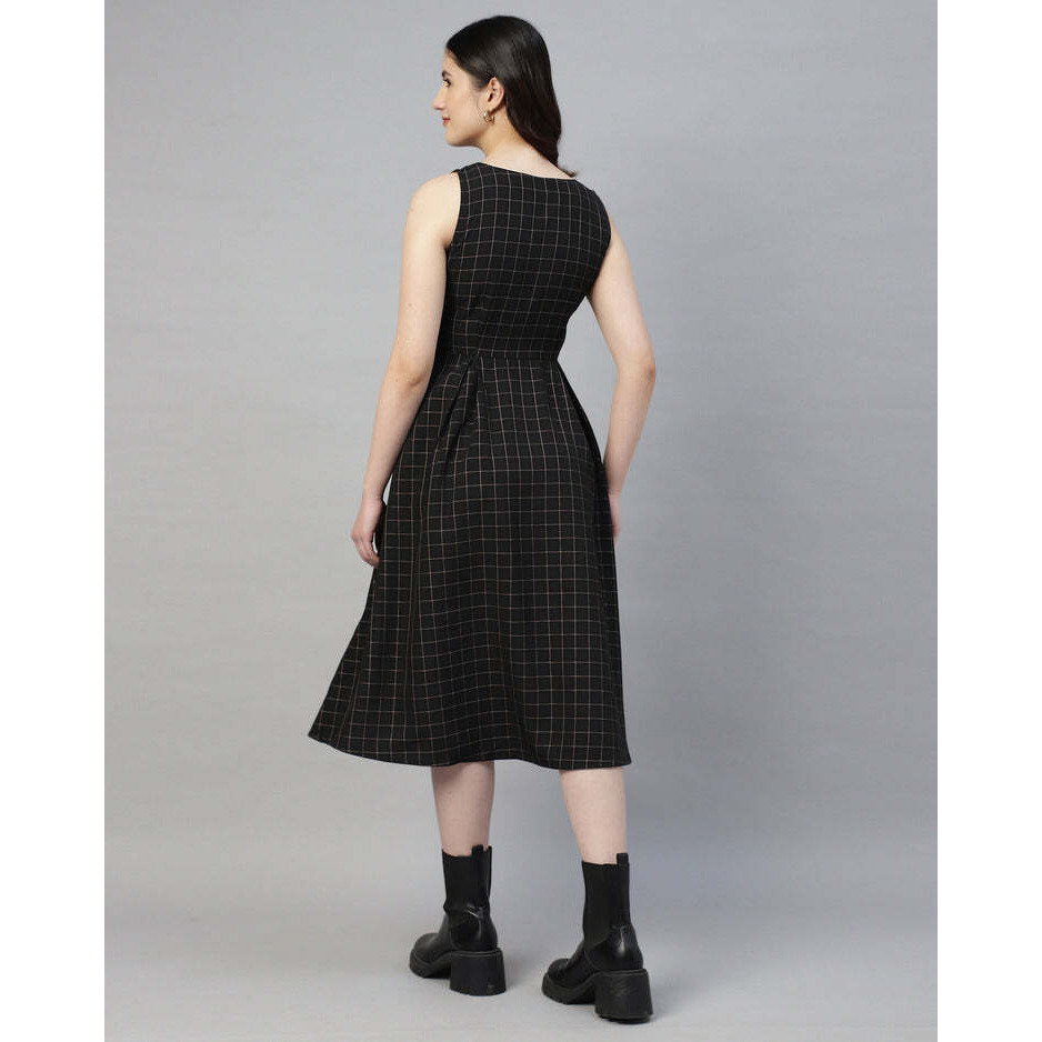 Black Buttoned Plaid Pinafore Dress