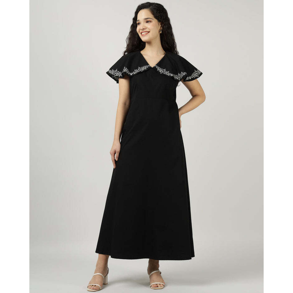 Black Embroidered Cape Gown