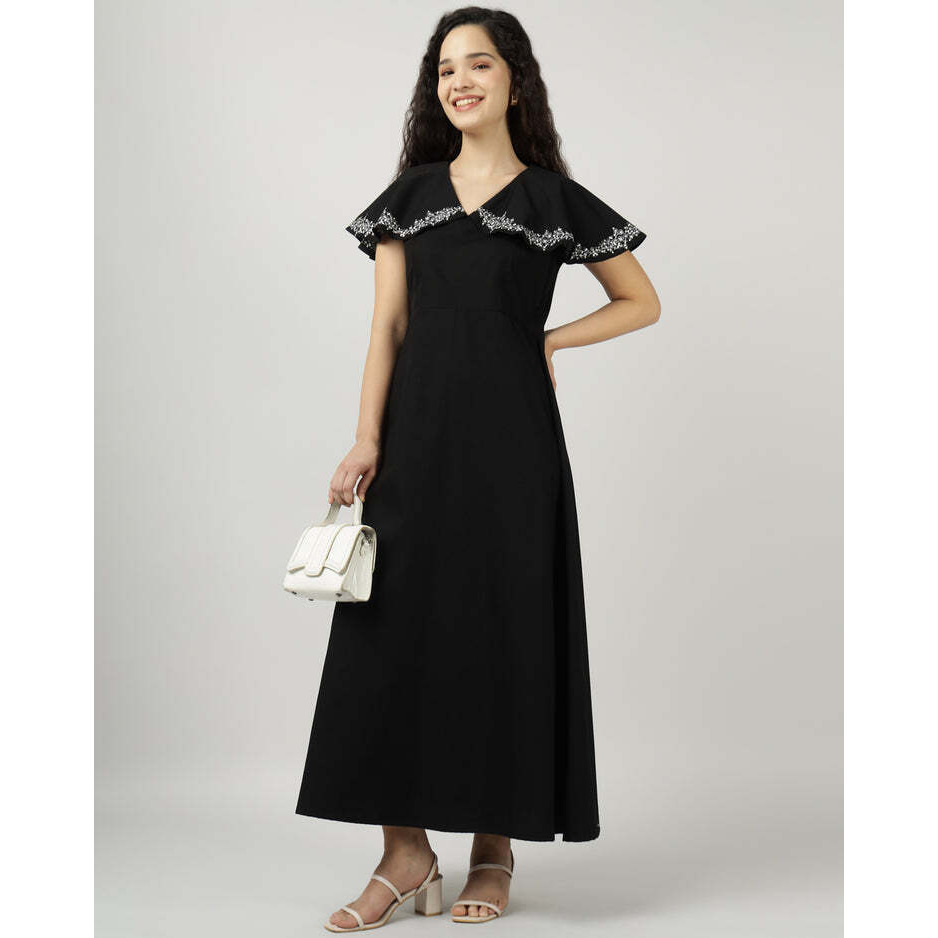 Black Embroidered Cape Gown