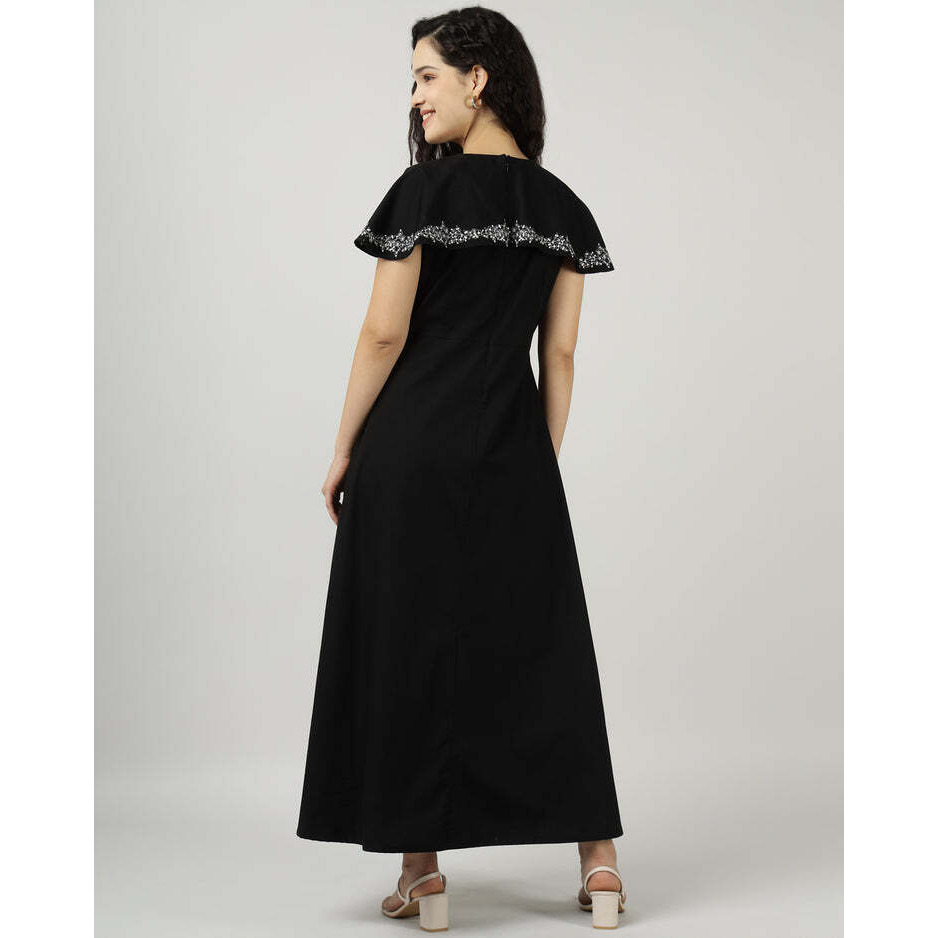Black Embroidered Cape Gown