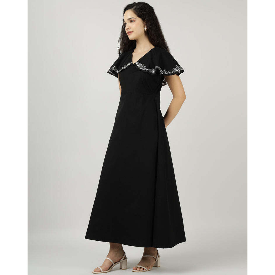 Black Embroidered Cape Gown