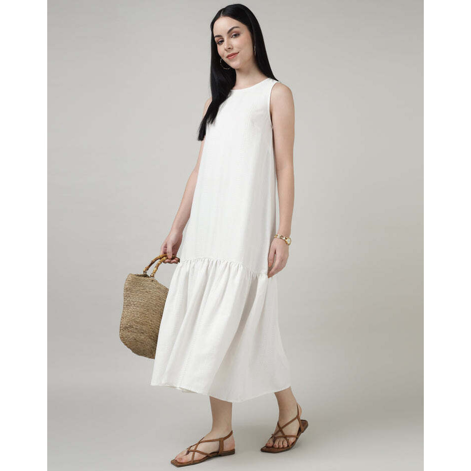 White Sleeveless Maxi Dress With Gathered Hem