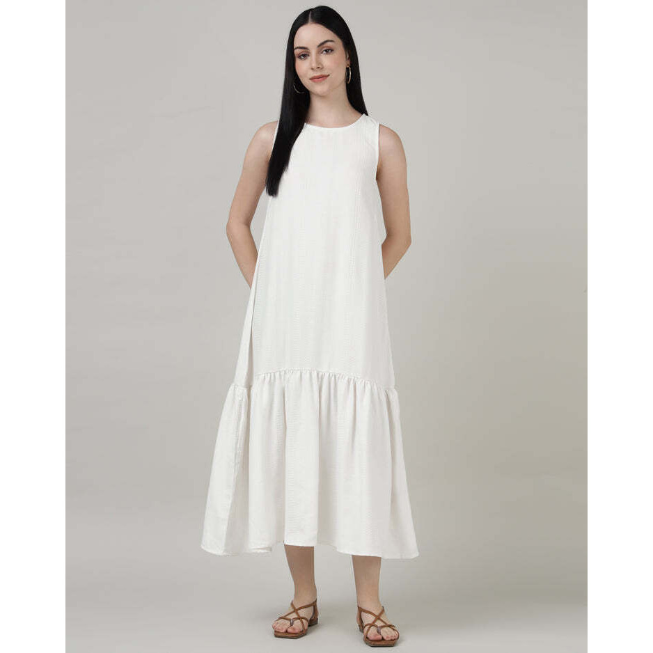 White Sleeveless Maxi Dress With Gathered Hem