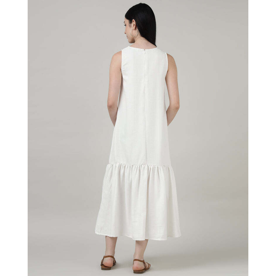 White Sleeveless Maxi Dress With Gathered Hem