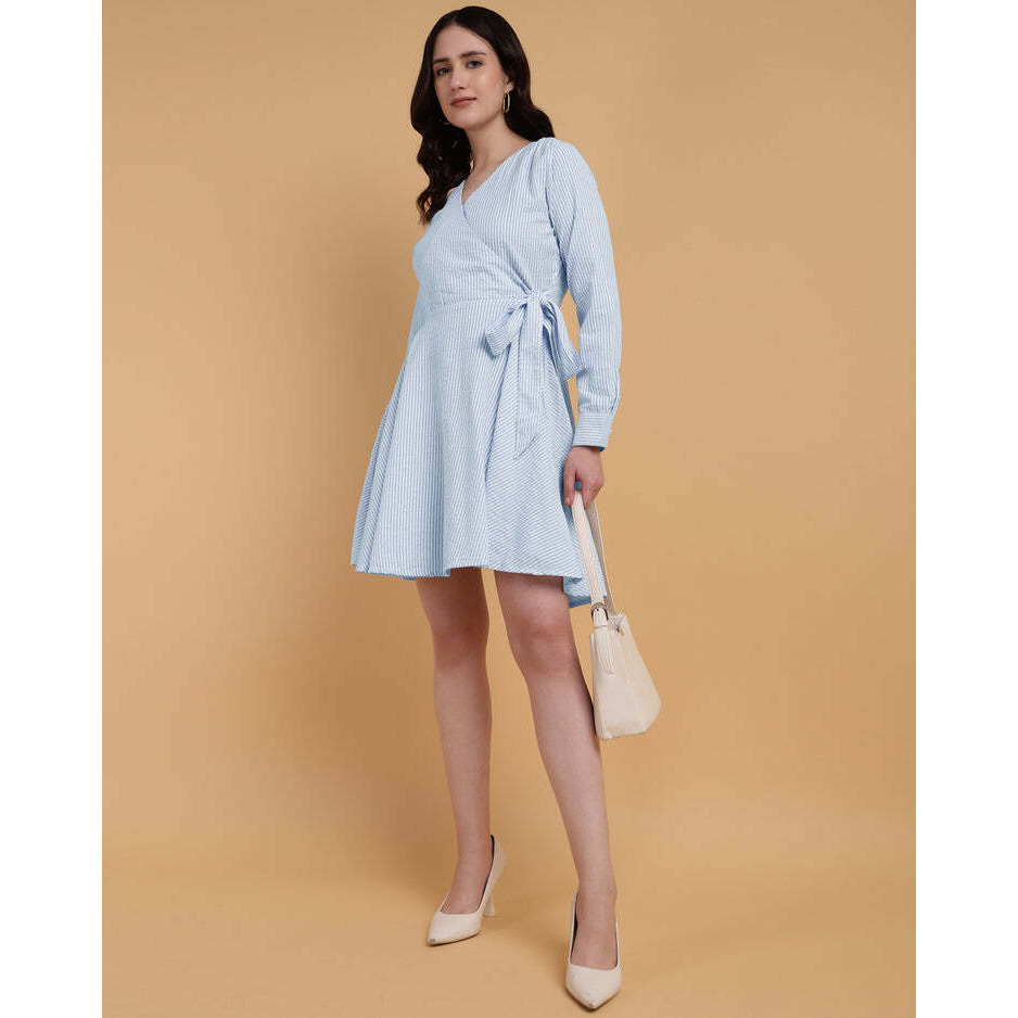 V Neck Blue Stripped A-Line Wrap Dress With Full Cuff Sleeves