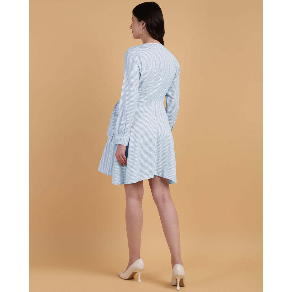 V Neck Blue Stripped A-Line Wrap Dress With Full Cuff Sleeves