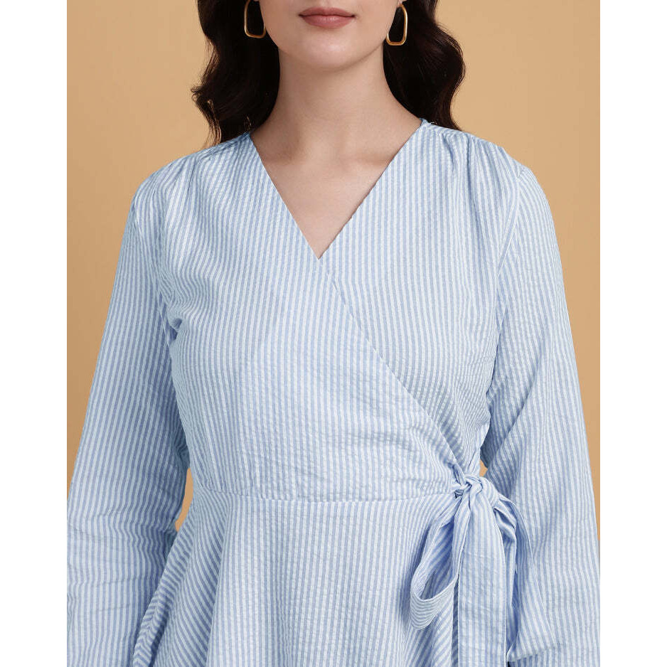 V Neck Blue Stripped A-Line Wrap Dress With Full Cuff Sleeves