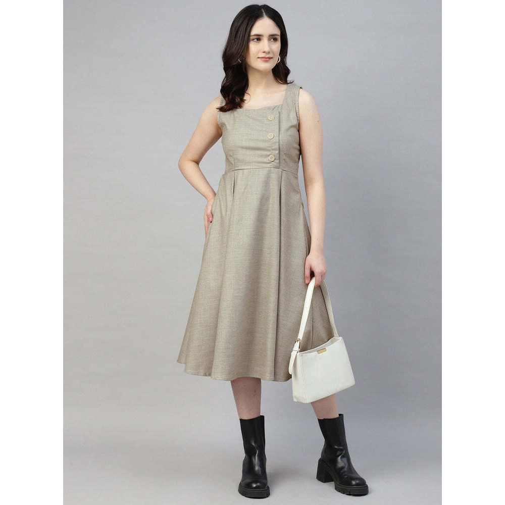 Stone Gray Buttoned Plaid Pinafore Dress