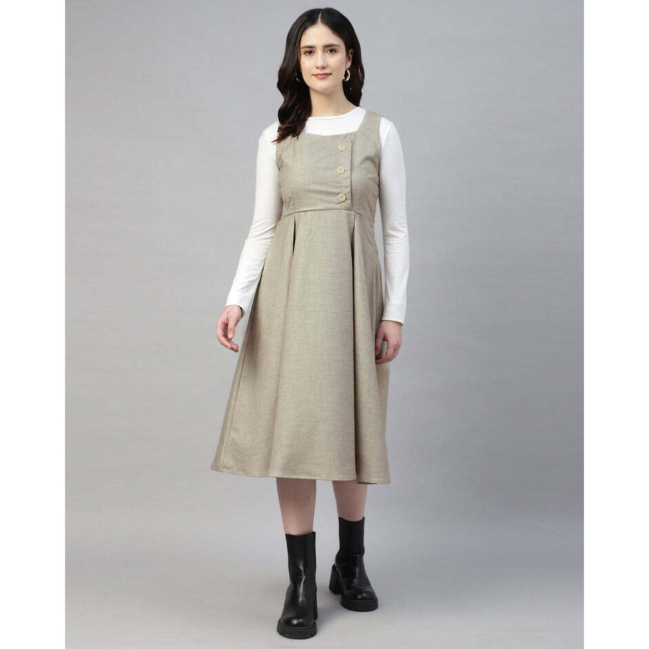 Stone Gray Buttoned Plaid Pinafore Dress