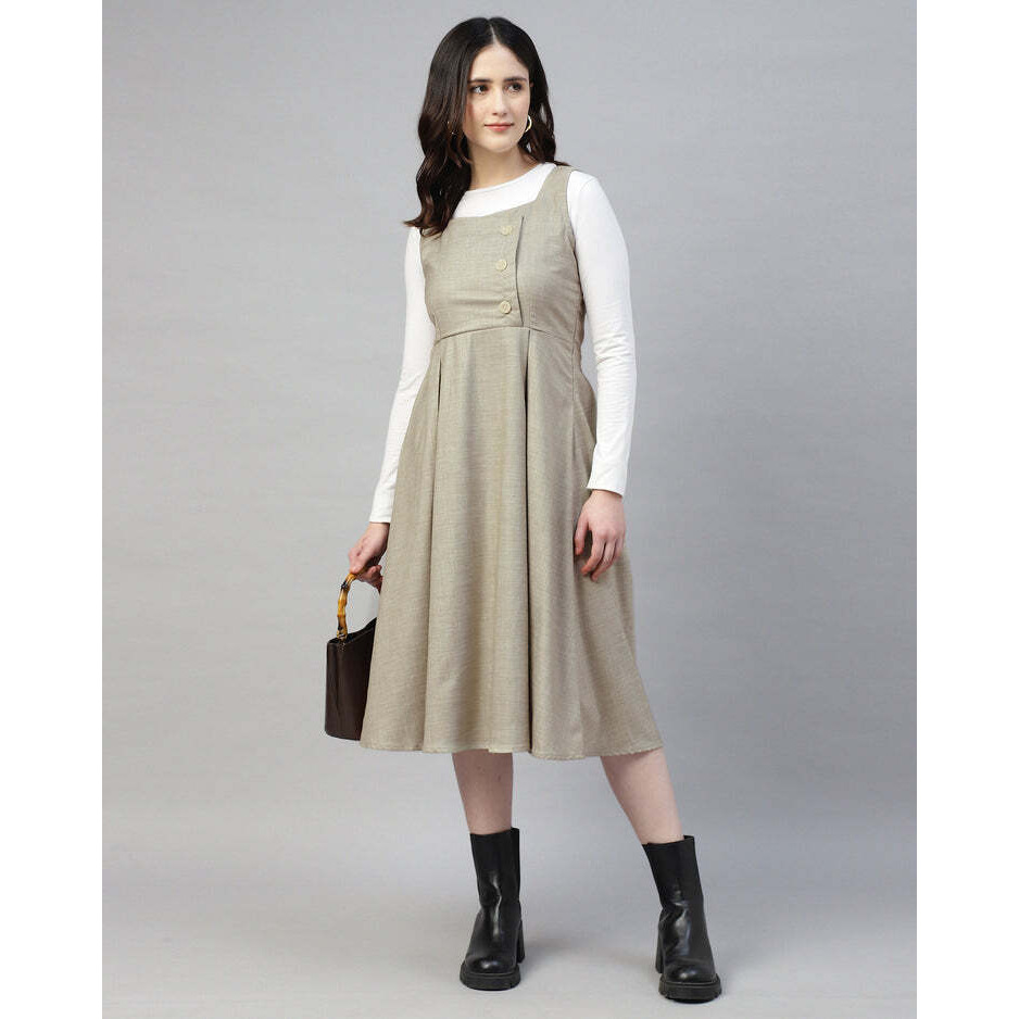 Stone Gray Buttoned Plaid Pinafore Dress