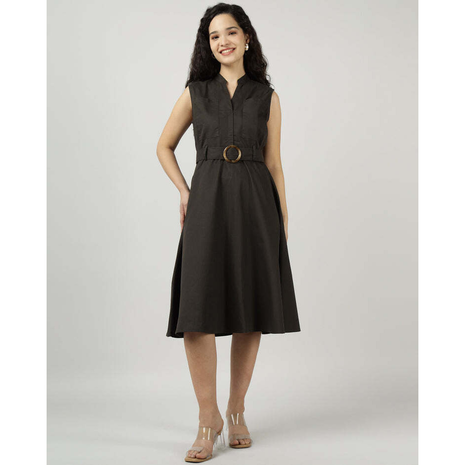 Olive Dark Green Utility Sleeveless Belted Dress