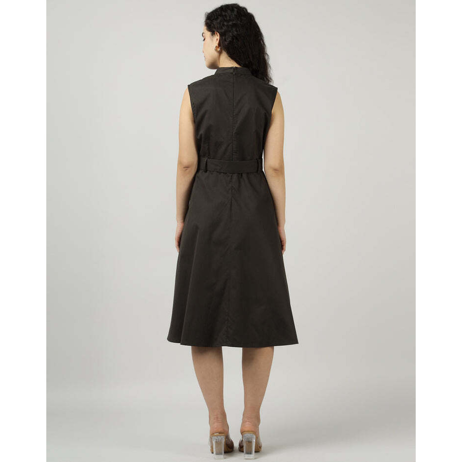 Olive Dark Green Utility Sleeveless Belted Dress