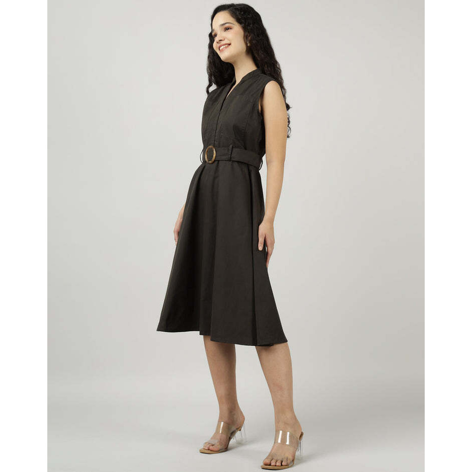 Olive Dark Green Utility Sleeveless Belted Dress