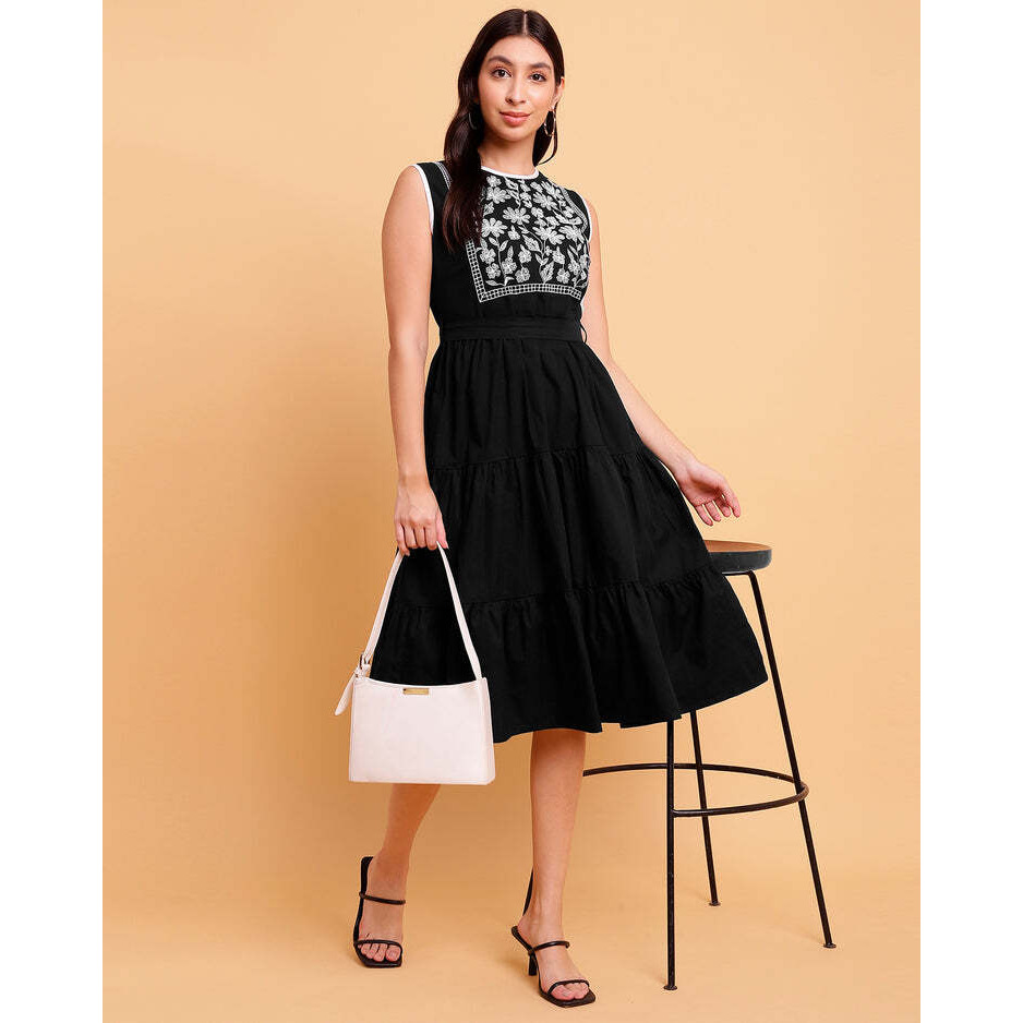 Black Yoke Dress with White Embroidery