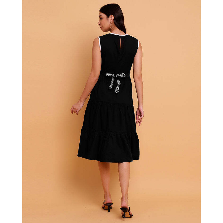 Black Yoke Dress with White Embroidery