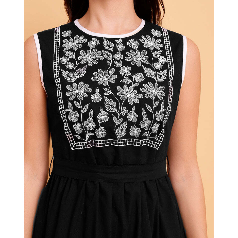 Black Yoke Dress with White Embroidery