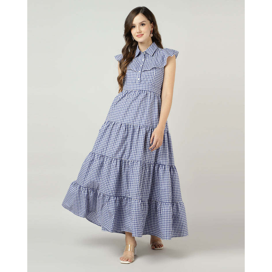 Blue Gingham Tiered Maxi Dress