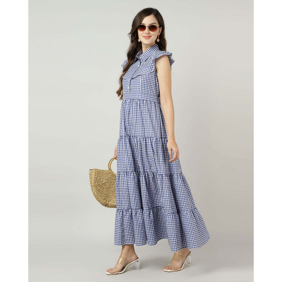 Blue Gingham Tiered Maxi Dress