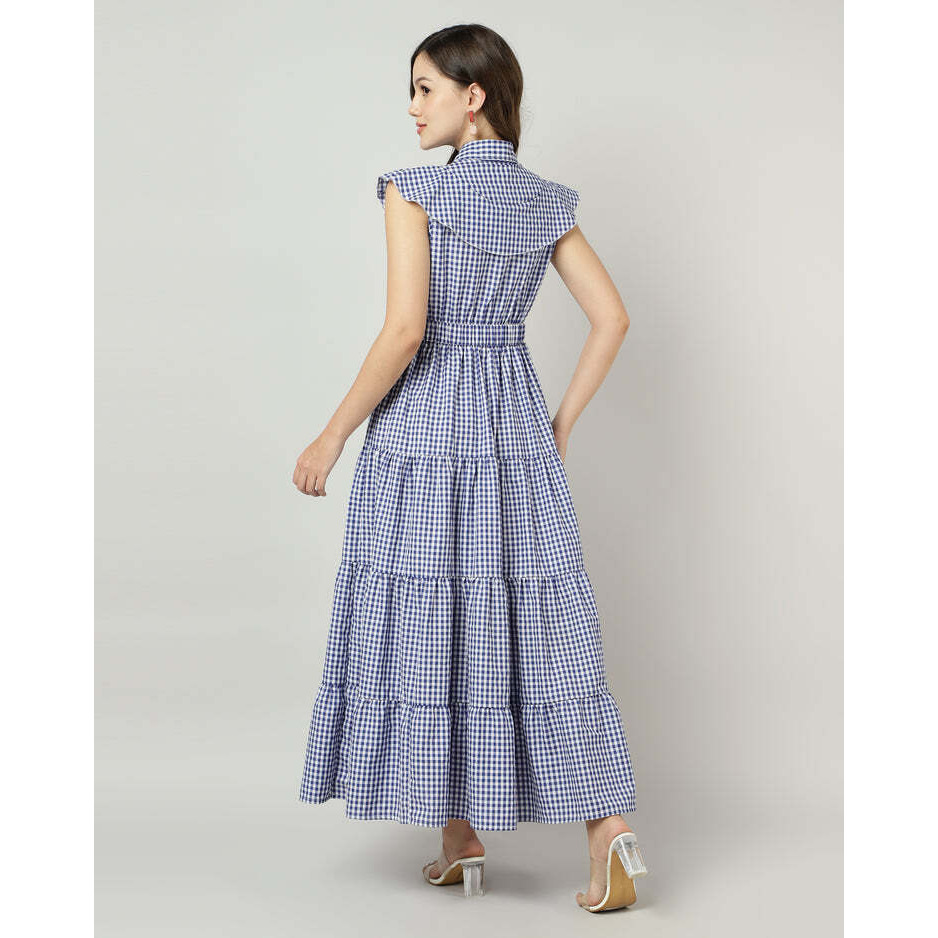 Blue Gingham Tiered Maxi Dress