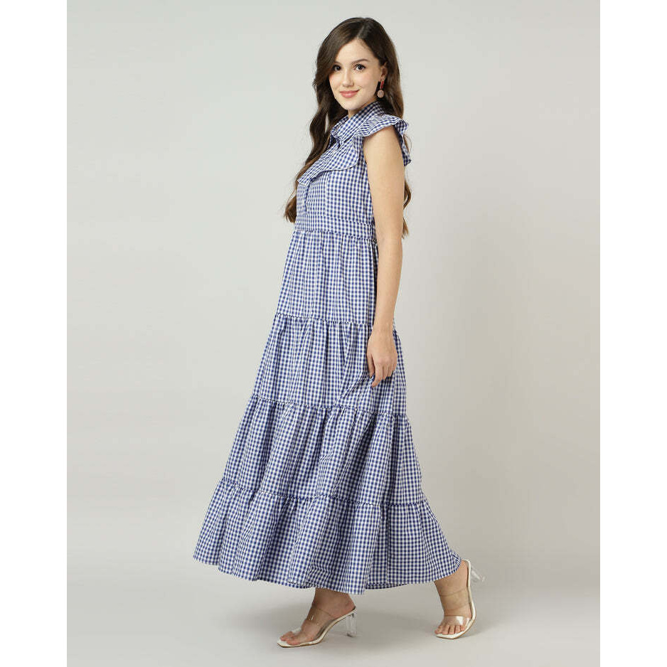 Blue Gingham Tiered Maxi Dress