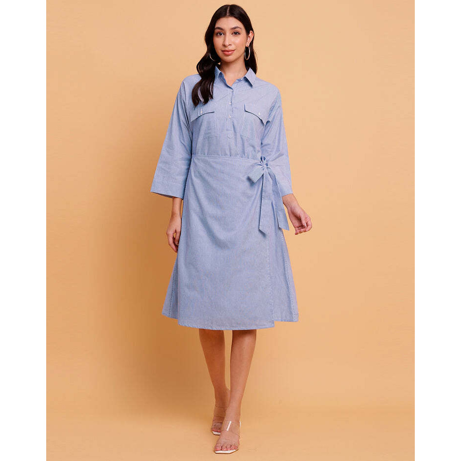 Blue Stripe Wrap midi Dress with two front Pockets