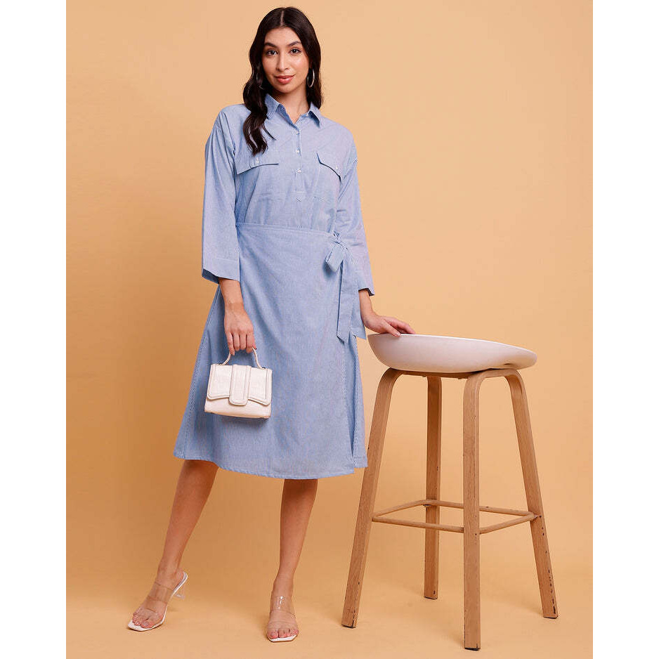 Blue Stripe Wrap midi Dress with two front Pockets