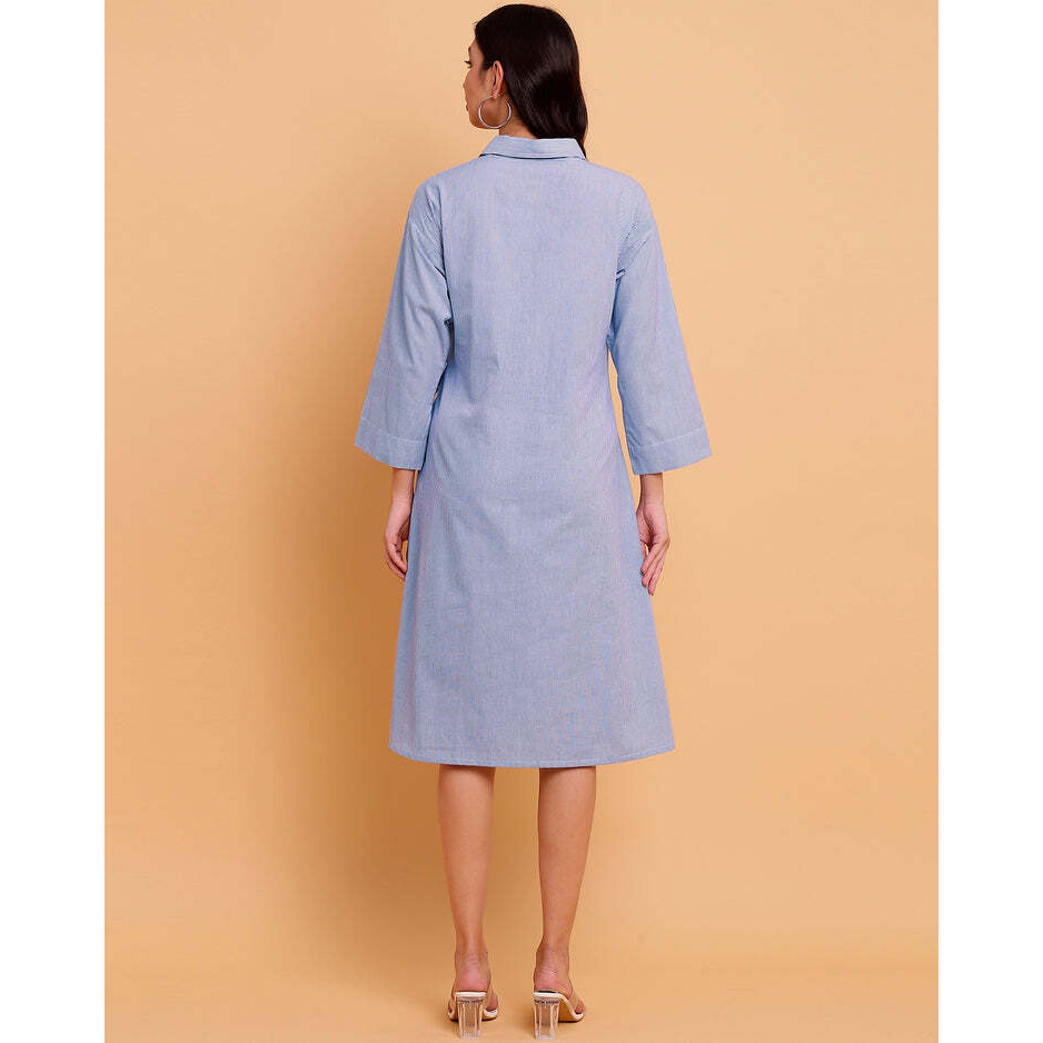 Blue Stripe Wrap midi Dress with two front Pockets