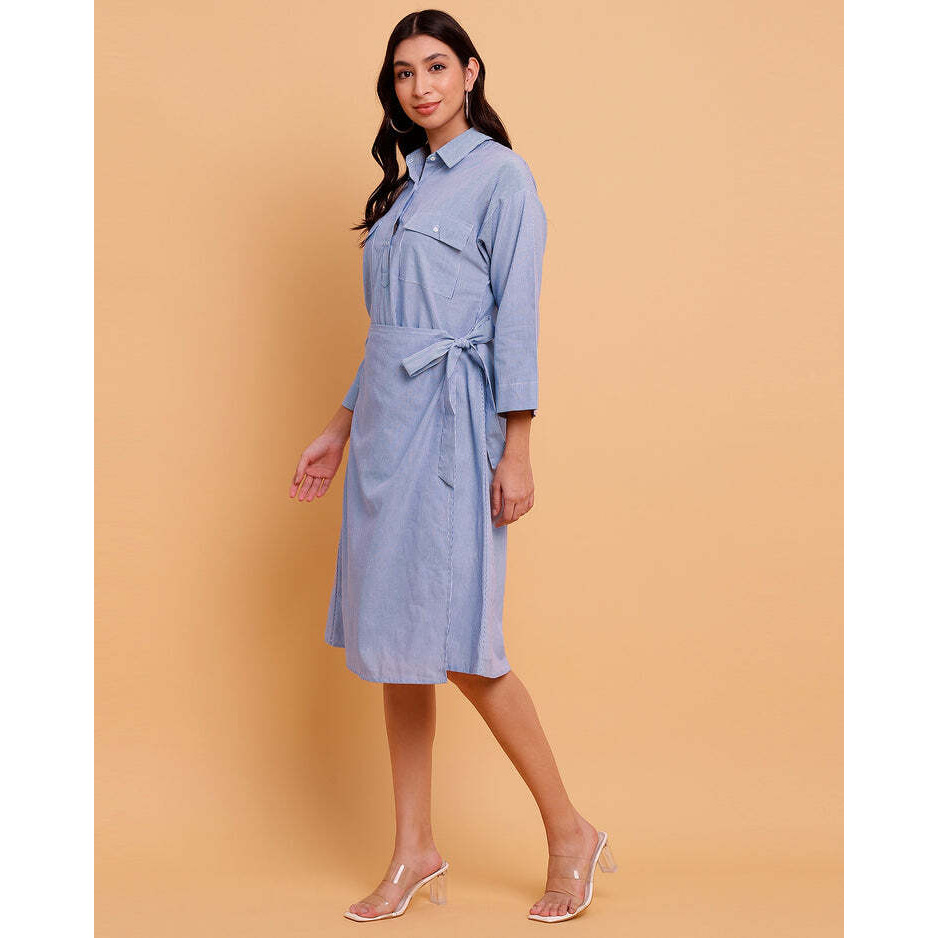 Blue Stripe Wrap midi Dress with two front Pockets