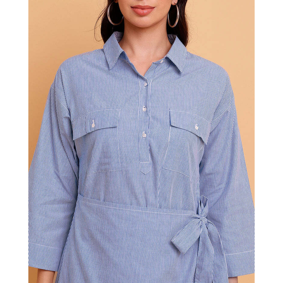 Blue Stripe Wrap midi Dress with two front Pockets