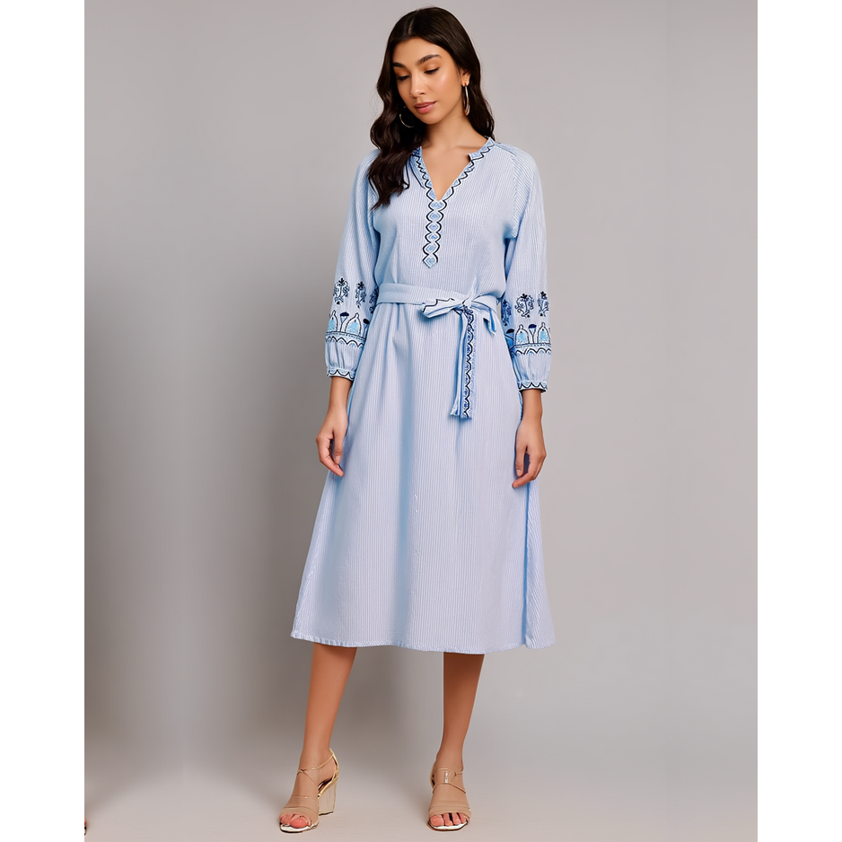 Blue stripe embroidered dress with detachable belt