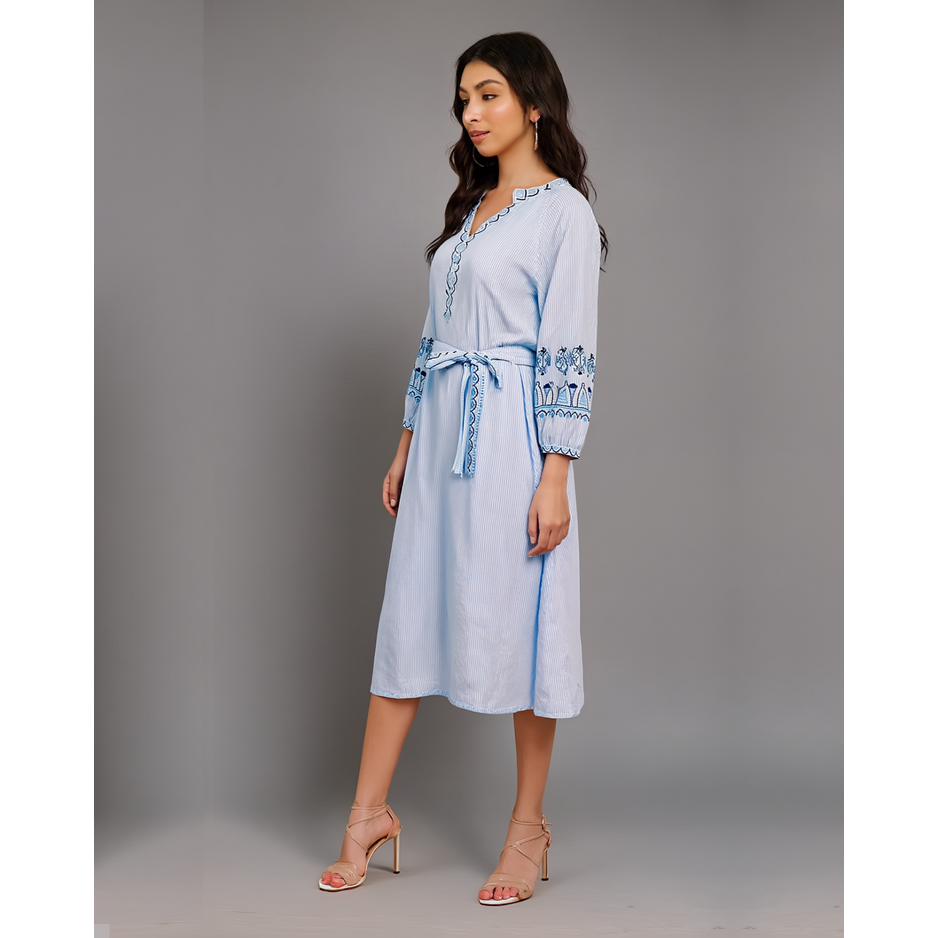 Blue stripe embroidered dress with detachable belt