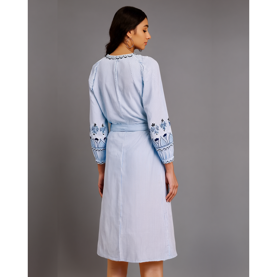 Blue stripe embroidered dress with detachable belt