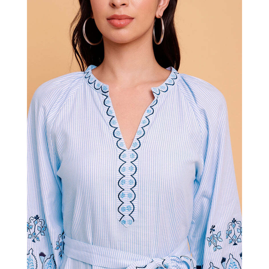 Blue stripe embroidered dress with detachable belt