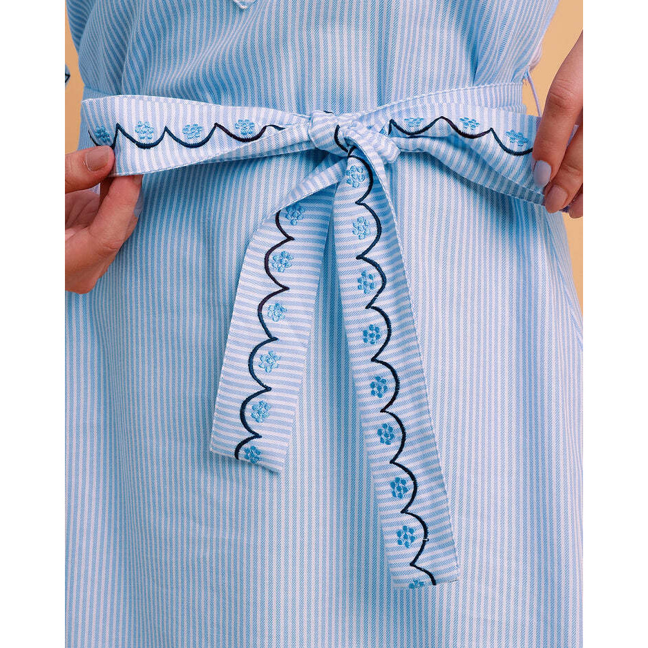 Blue stripe embroidered dress with detachable belt