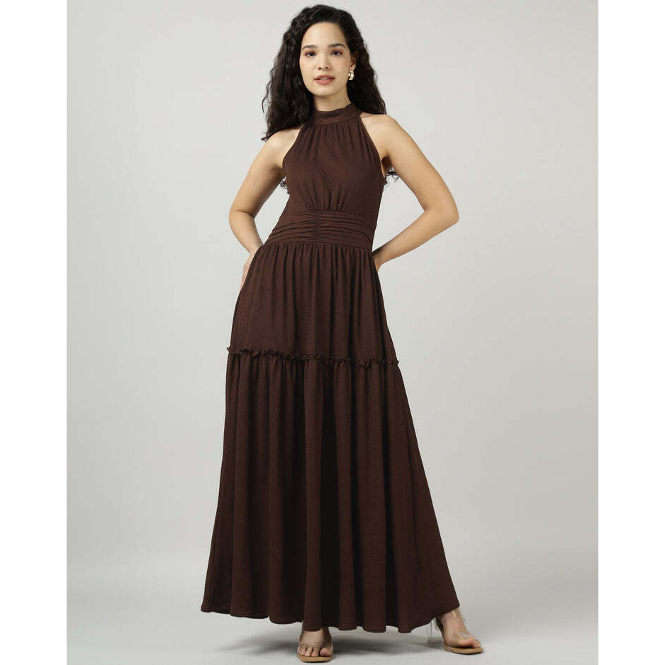 Brown Halter Neck Gathered Maxi Dress