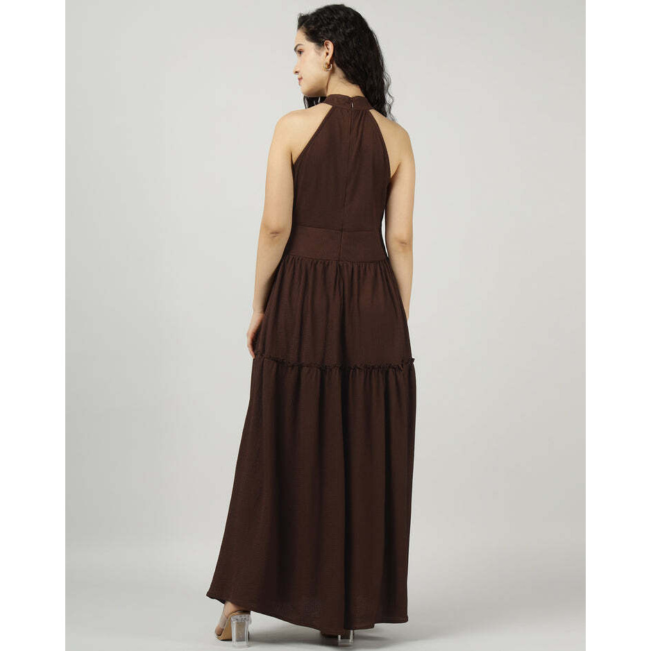 Brown Halter Neck Gathered Maxi Dress