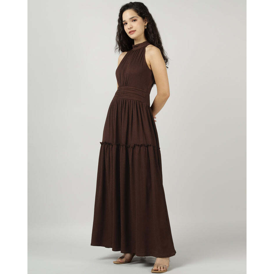 Brown Halter Neck Gathered Maxi Dress