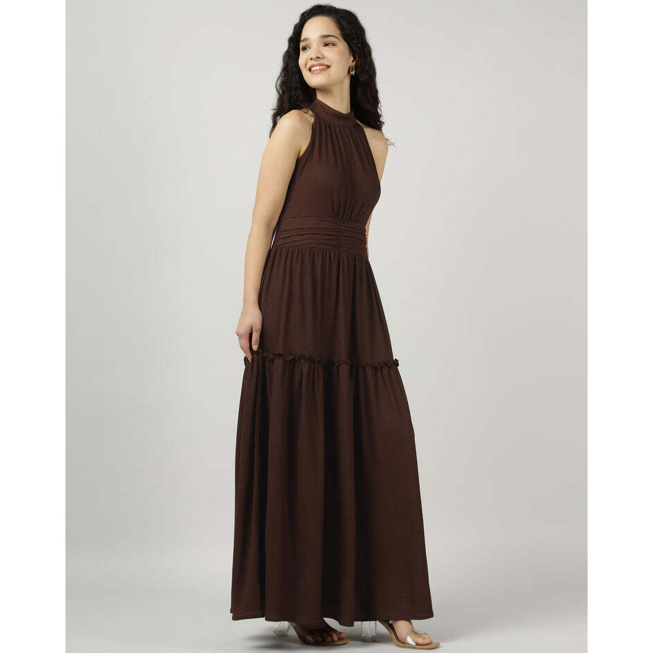 Brown Halter Neck Gathered Maxi Dress