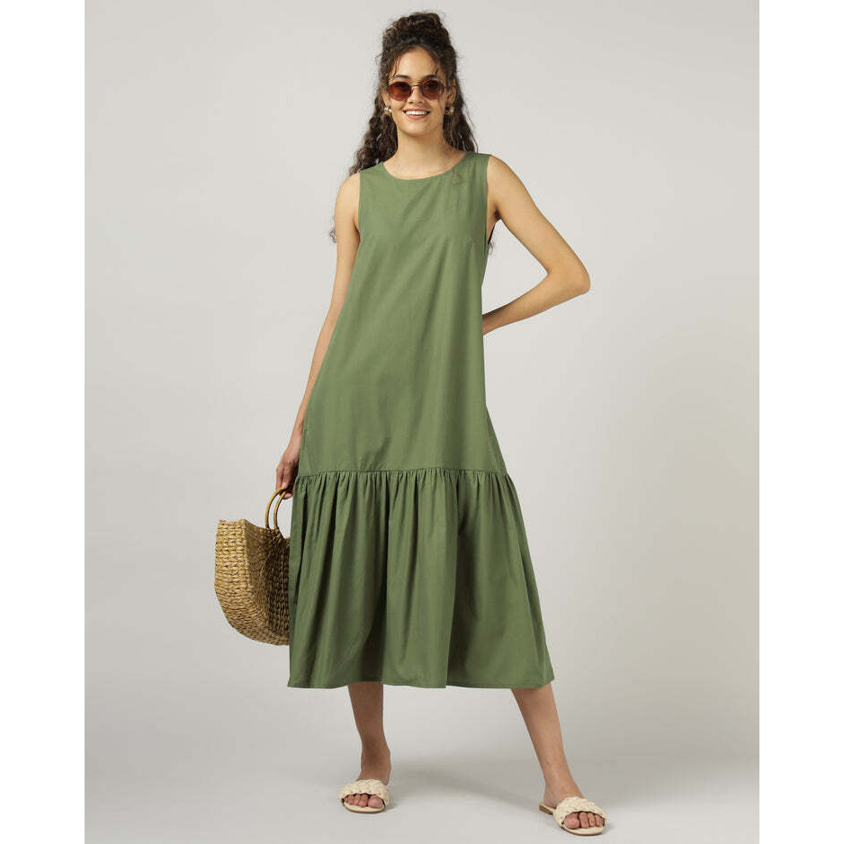 Green Sleeveless Maxi Dress with Flowy Gathered Hem