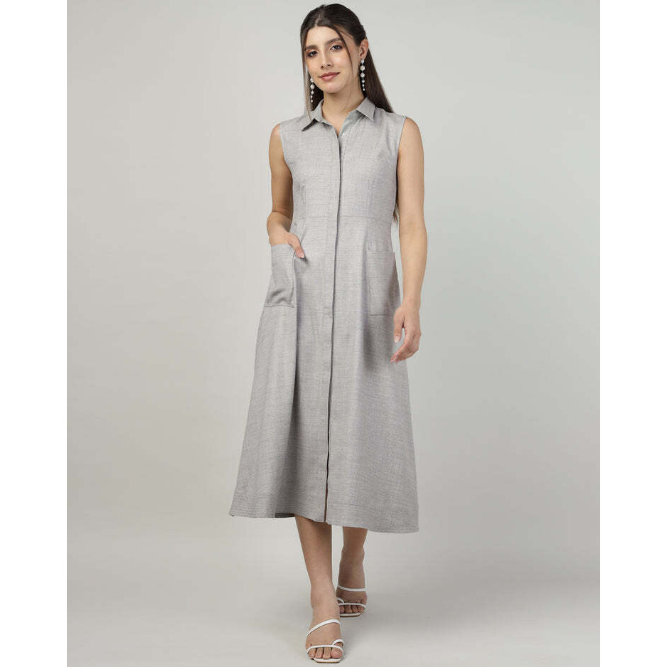 Grey Sleeveless Utility Shirt Dress