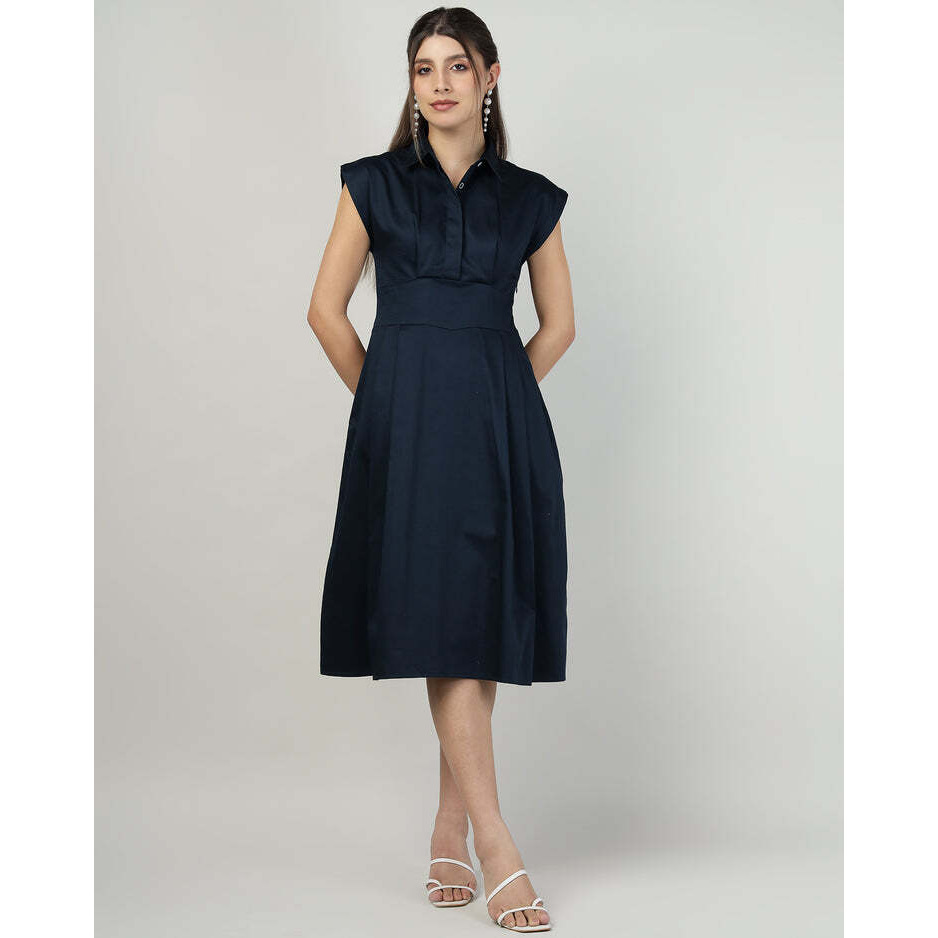 Navy blue Sleeveless Shirt-Collar Dress