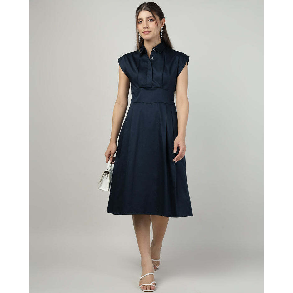 Navy blue Sleeveless Shirt-Collar Dress