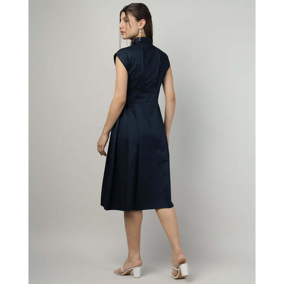 Navy blue Sleeveless Shirt-Collar Dress