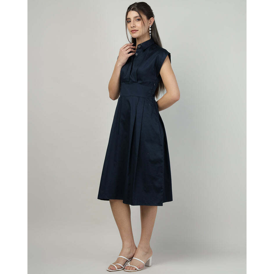 Navy blue Sleeveless Shirt-Collar Dress
