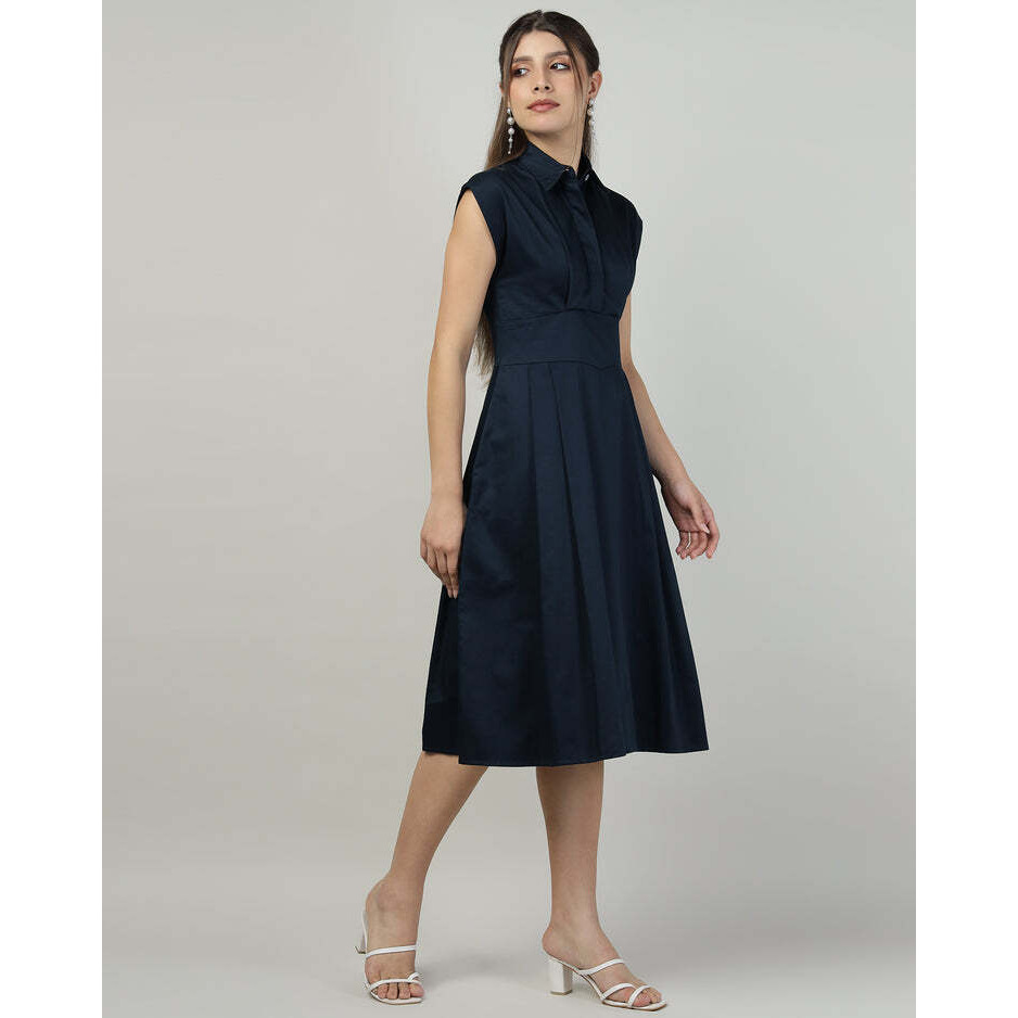 Navy blue Sleeveless Shirt-Collar Dress