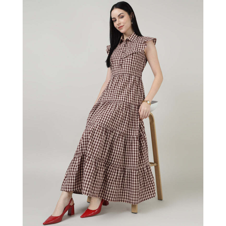 Maroon Checks 4 Tier Long Double Collar Dress